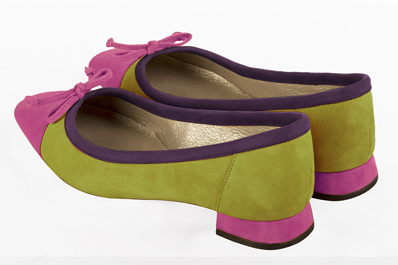 Fuschia pink, pistachio green and amethyst purple women's ballet pumps, with low heels. Square toe. Flat flare heels. Rear view - Florence KOOIJMAN